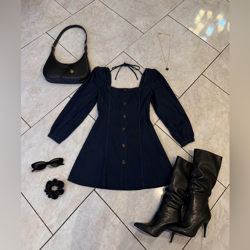 Women’s Navy Button Front Square Neck Dress - Picture 2 of 3